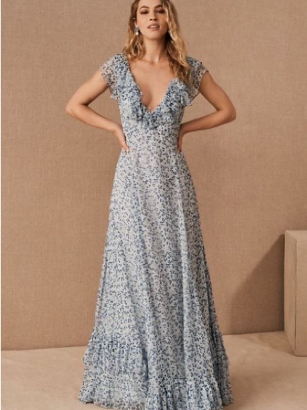 Sachin + Babi Sky Blue Floral Ruffle V-Neck Maxi Dress